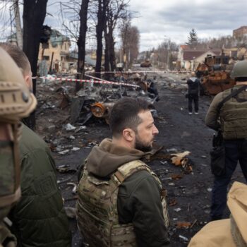 President Zelensky visiting Bucha after the Russian invasion of Ukraine