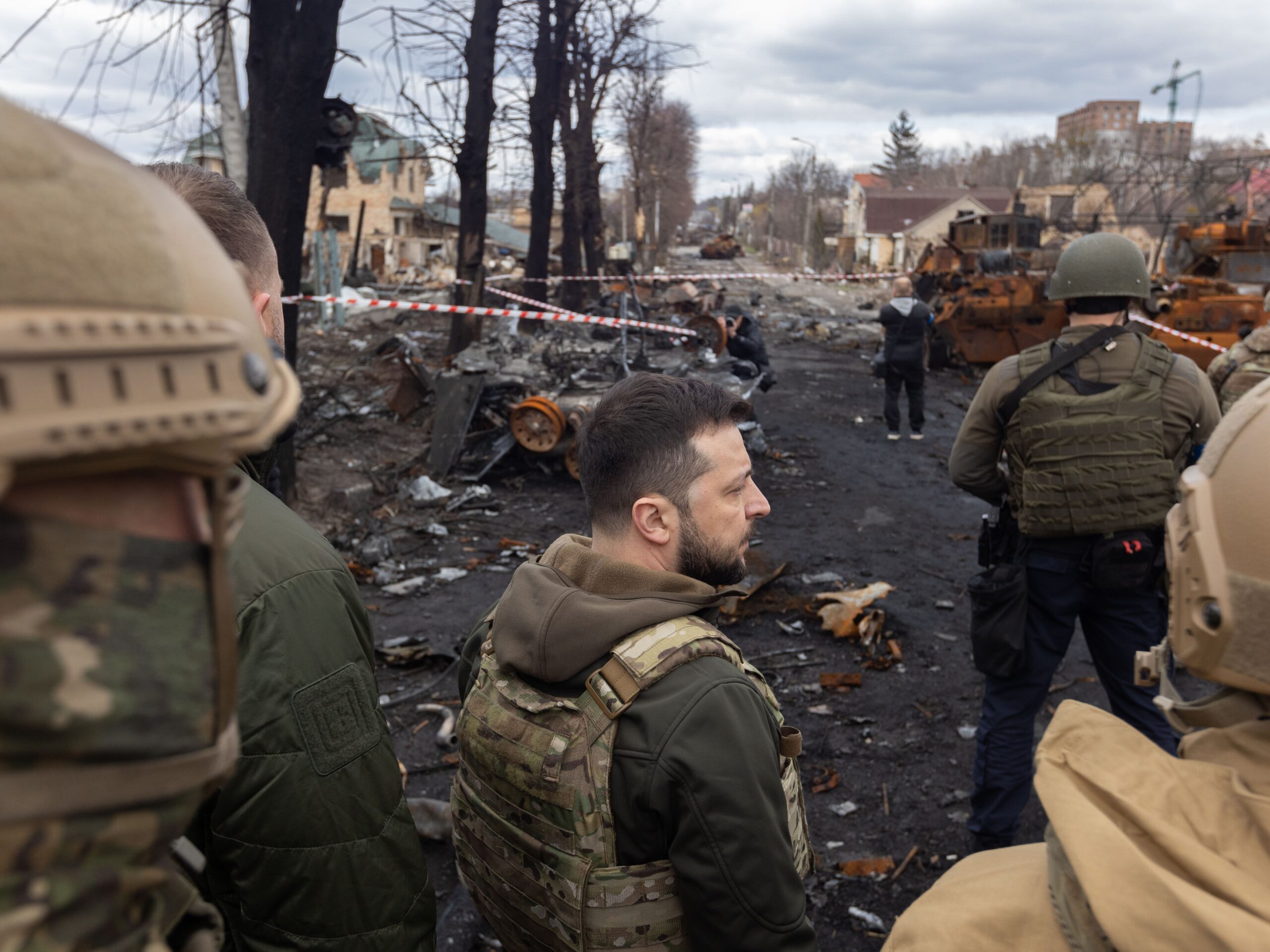 President Zelensky visiting Bucha after the Russian invasion of Ukraine
