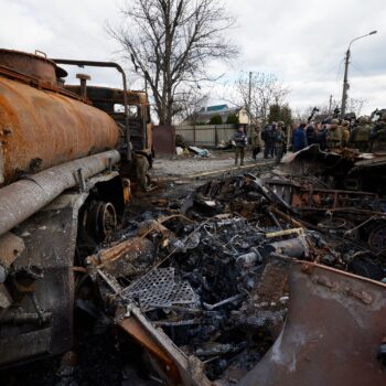 A destroyed truck in Bucha, Ukraine following the full-scale Russian invasion